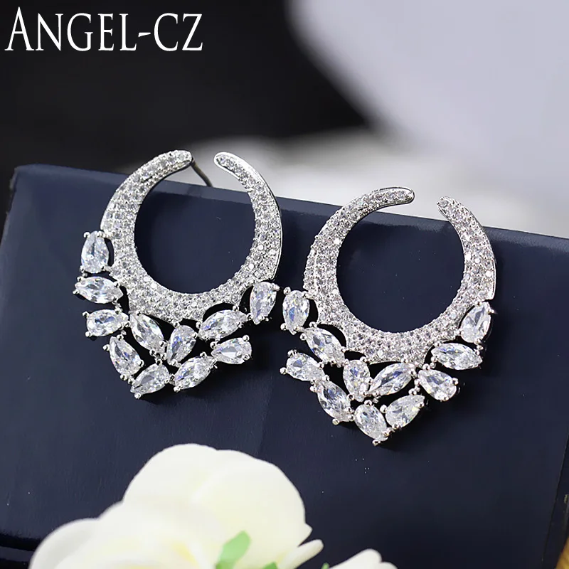 

ANGELCZ Sterling Silver 925 Ear Jewelry Hand Inlay Fancy CZ Diamante With Trendy Round Design Big Stud Earrings For Women AE126