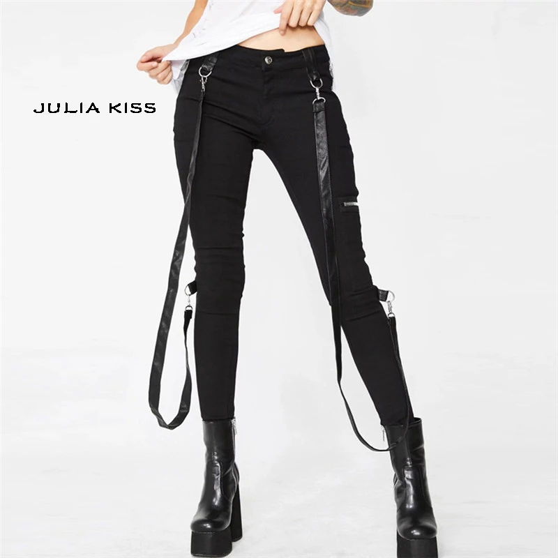 

Women Skinny High Waist Jean Jegging In Clean Black Stretch Legging with Zip Details and Straps