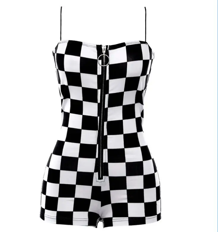 Summer Women Casual Fashion Zipper Black White Lattice Jumpsuit