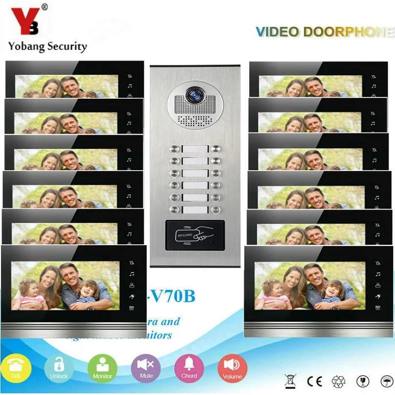 

Yobang Security Wired Waterproof Video Doorbell System For 12 Units Apartment + 1000TVL Night Vision Camera + 7 inch LCD Monitor