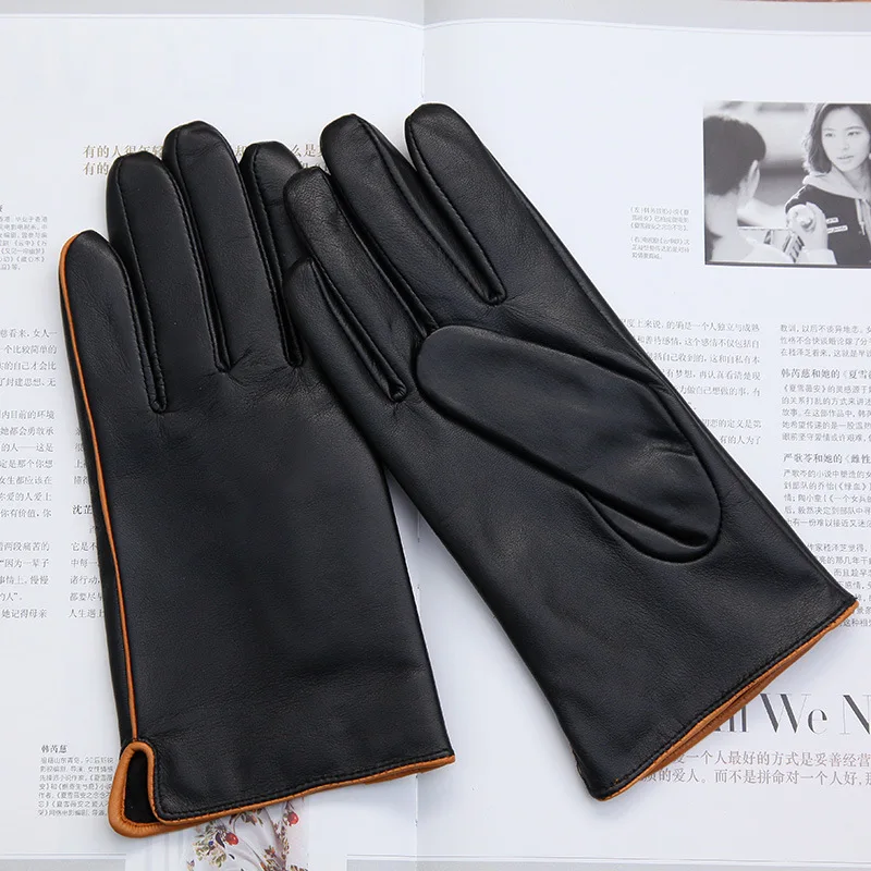 

Real Leather Gloves Male Autumn Winter Thin Velvet Lined Two Tone Color Classic Black Basic Models Sheepskin Man's Gloves DQ1916