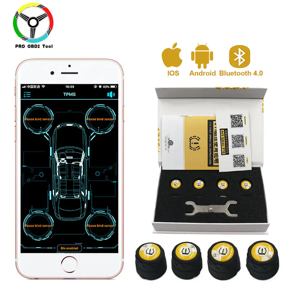 Newest 4 Pieces Outer Sensors TPMS Bluetooth 4.0 Car TPMS Tire Pressure Monitoring System BLE TPMS Low Energy For Android iOS