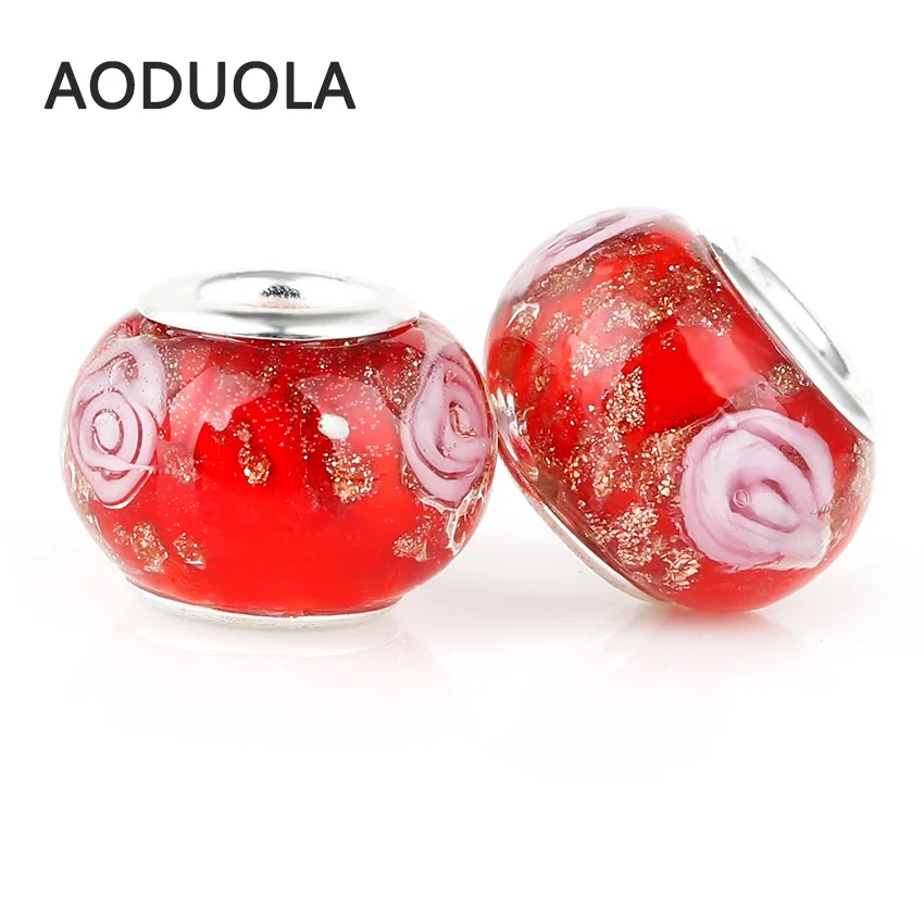 

10 Pcs a Lot Glass Beads Red color with flower Spacer European Murano Czech Bead Fit For Pandora Charms Bracelet