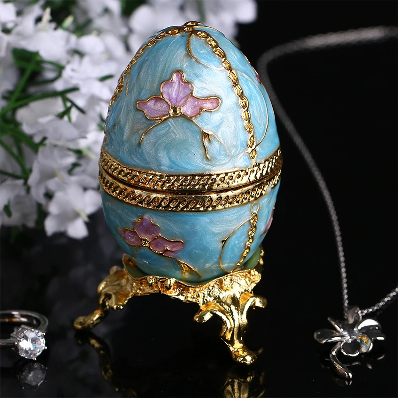 

H&D Easter Day Gift 2.8'' Faberge Style Egg Shaped Trinket Box Hinged Jewelry Ring Holder Collectible Figurine Boxes w/ Crystals