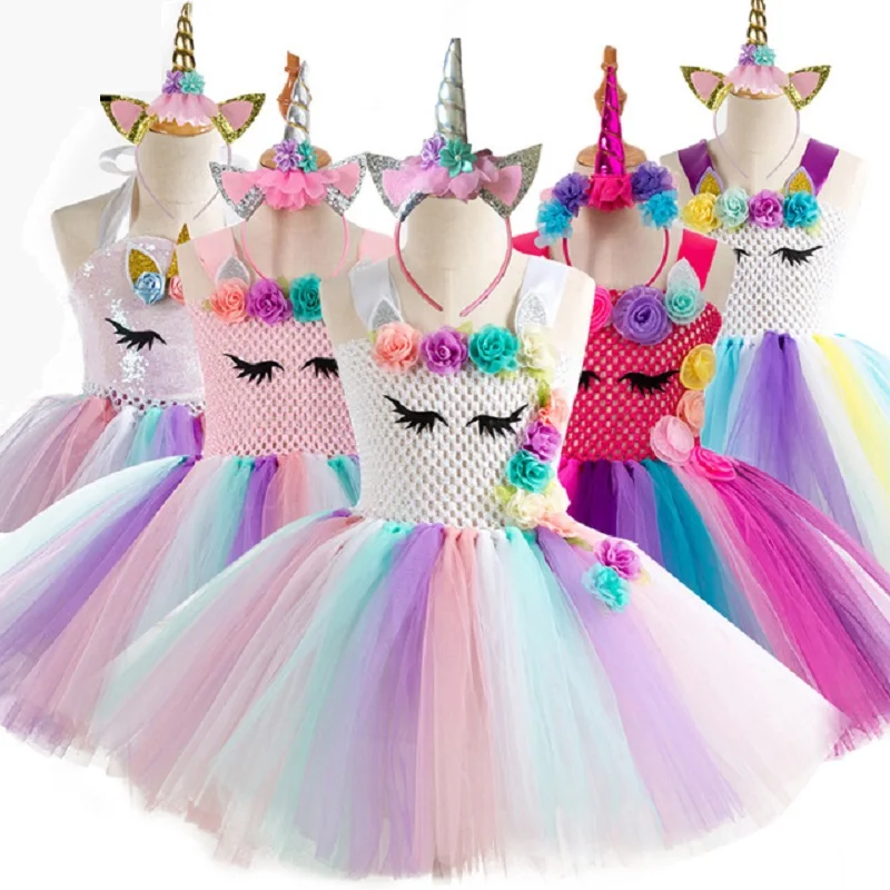 

2019 Hot New Retail Girls Dress Baby Girls Unicorn Beading Floral Mesh Tutu Dresses Princess Kids Cosplay Flower Party Dress