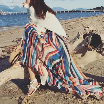 

high quality summer Bohemia Female Chiffon Retro high waist Beach vacation Slim comfortable long Striped skirts Elastic waist
