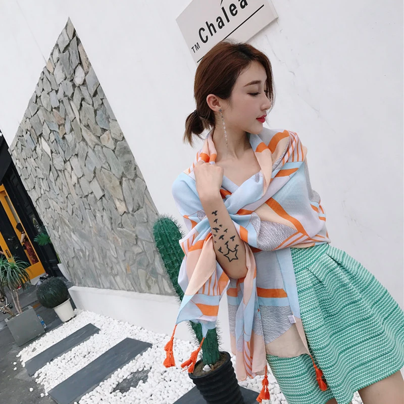 

Luna&Dolphin Spring Women Cotton Scarves 190x100 Orange Blue Tassel Shawls Wraps Bohemia Vintage Sun Protection Pashmina