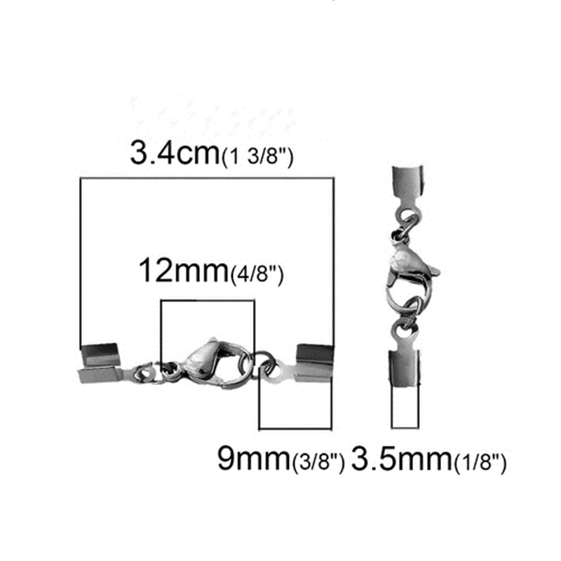 Шампуры из нержавеющей стали шнур Конец Обжимные колпачки для ювелирных изделий ожерелье браслет Прямоугольник Серебряный тон с застежкой омар, 10 шт