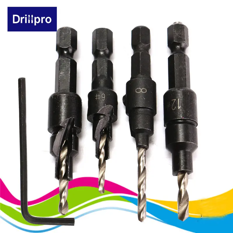 Drillpro 4 шт. HSS Зенковка набор сверл быстрая замена шестигранный хвостовик винт#6#8#10#12 Высокое качество