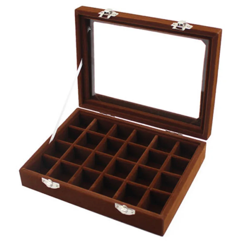 24cells Velvet Glass Jewelry Box Earring Ring Display Organizer Boxes Tray Holder Storage Case Balck Rose Red Blue Gray Coffee (5)