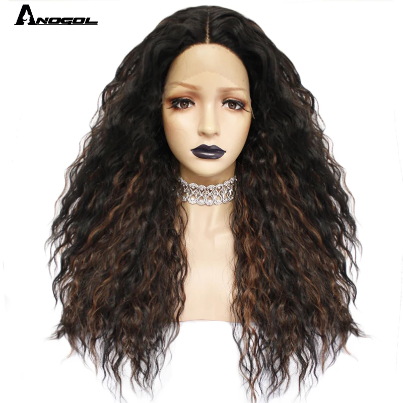 

Anogol Peruca Hair Wigs Futura Fiber Black Ombre Brown Long Kinky Curly Synthetic Lace Front Wig For African American