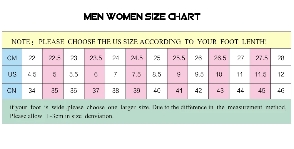 Men Women Size Chart