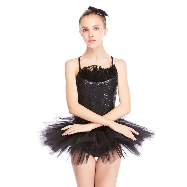 MiDee Black Swan Ballet Tutu Dress Feather Trimmed Neckline Sequins