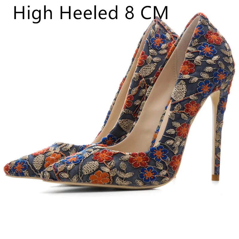 COCOAFOAL/женские туфли на высоком каблуке с вышивкой; туфли на шпильке; большие размеры 33, 43, 44, 45; синие свадебные туфли-лодочки; пикантные Вечерние туфли на День Святого Валентина; Scarpe - Цвет: Blue 8 CM