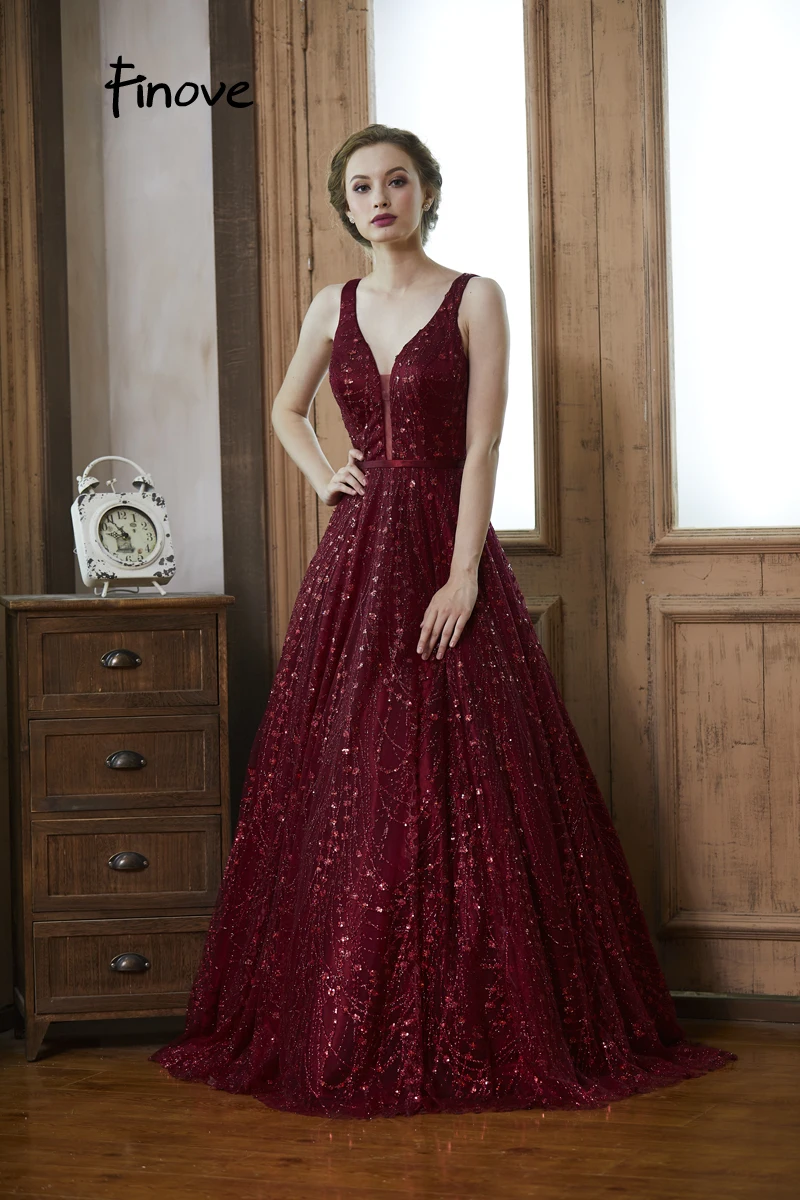 Finove, вечернее платье, длинное,, Robe de soiree, винно-красное, светоотражающее платье, расшитое блестками, сексуальное, v-образный вырез, ТРАПЕЦИЕВИДНОЕ, официальное, для вечеринки, женское платье