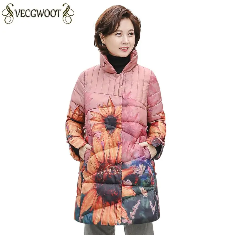 

Women Down Jacket 2019 Fashion Print New Stand Collar Females Parkas Medium Long Coat Thicker Warm Outerwear Slim Big Size RT08