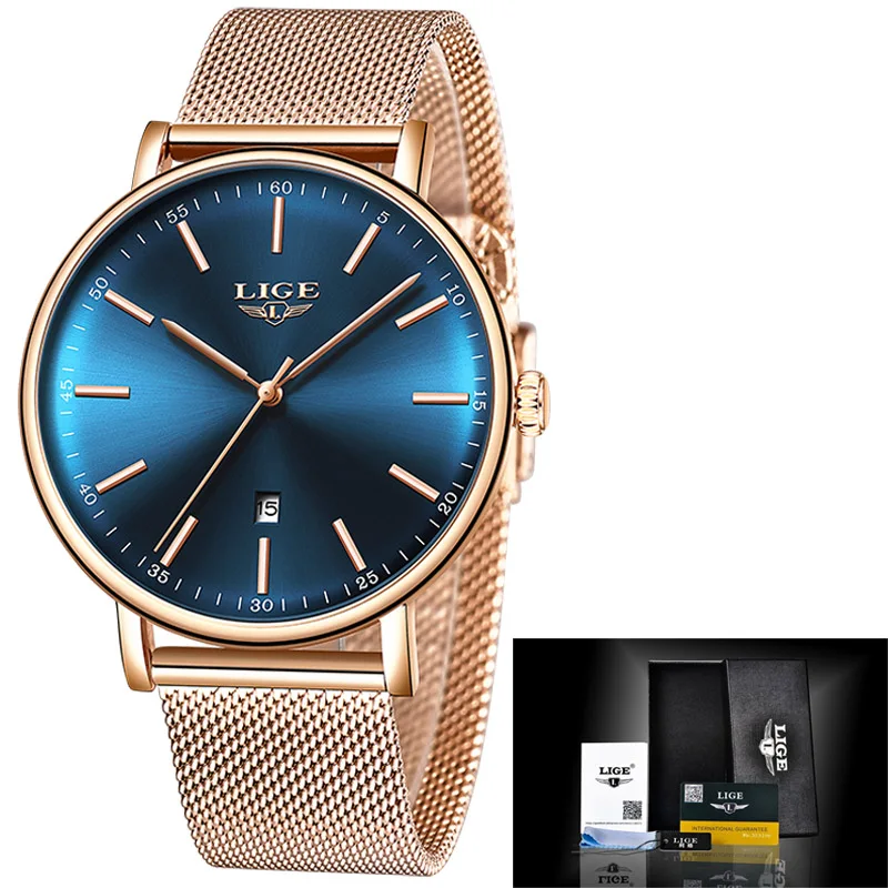 Women's Watch LIGE Top Brand Luxury Women Fashion Casual All Steel Ultra-Thin Mesh Belt Quartz Clock Relogio Feminino+Box - Цвет: Rose gold blue