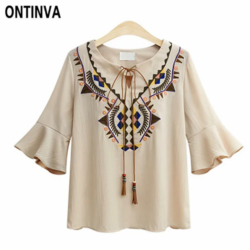 

Ethnic Embroidery Chiffon Loose Blusas Plus Size 5XL 6XL Summer Women Lace Up Tops Shirts 2019 Femme Retro Blouse Bow Tie Top