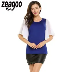 Zeagoo Женская мода с круглым вырезом сетка пэчворк расклешенная футболка с коротким рукавом Однотонная футболка 2018 летний пуловер футболка