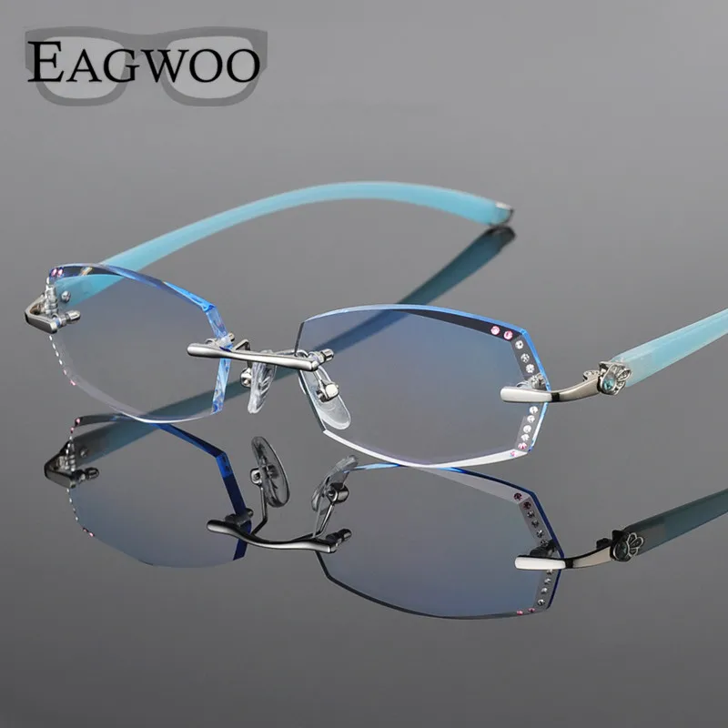 Metal Alloy Diamond Eyeglasses Women Rimless Prescription Reading