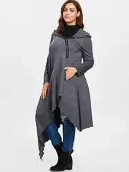 Wisalo плюс размер 5XL с капюшоном на молнии асимметричное длинное худи повседневное однотонное осенне-зимнее худи Толстовка модная куртка