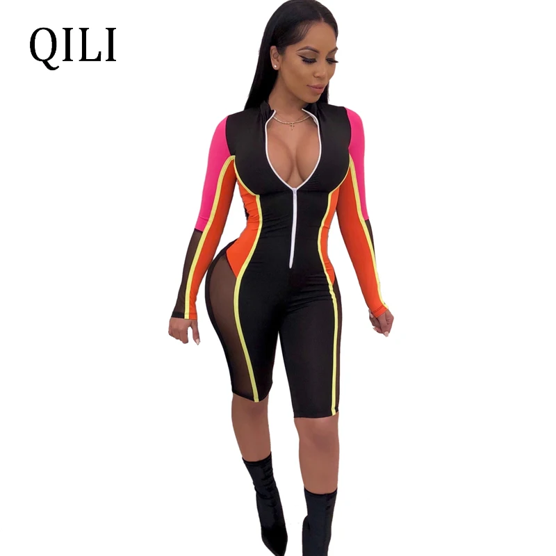 

QILI New Hot Sale Jumpsuit Women Rompers Popular Patchwork Mesh Long Sleeve Zipper Sexy Casual Fashion Romper Skinny Jumpsuits