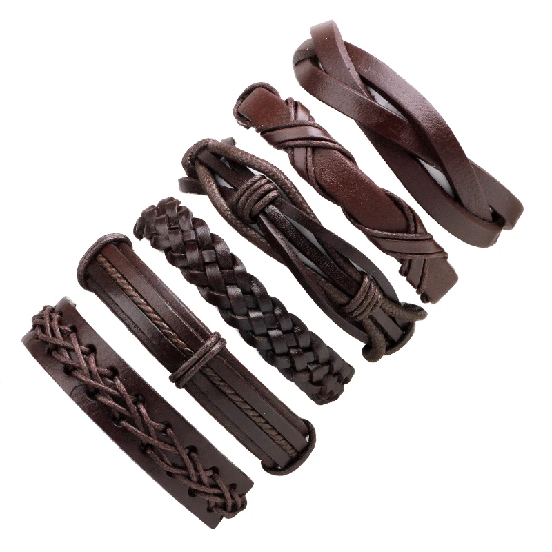 6 шт. винтажный кожаный браслет со звездой, набор для мужчин, многослойный Плетеный браслет и браслеты, плетеный браслет подвеска - Окраска металла: P 6pcs
