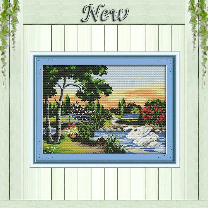

Swan Lake landspace park Scenery painting,Counted print on canvas DMC 14CT 11CT DIY Cross Stitch Needlework kits Embroidery Sets
