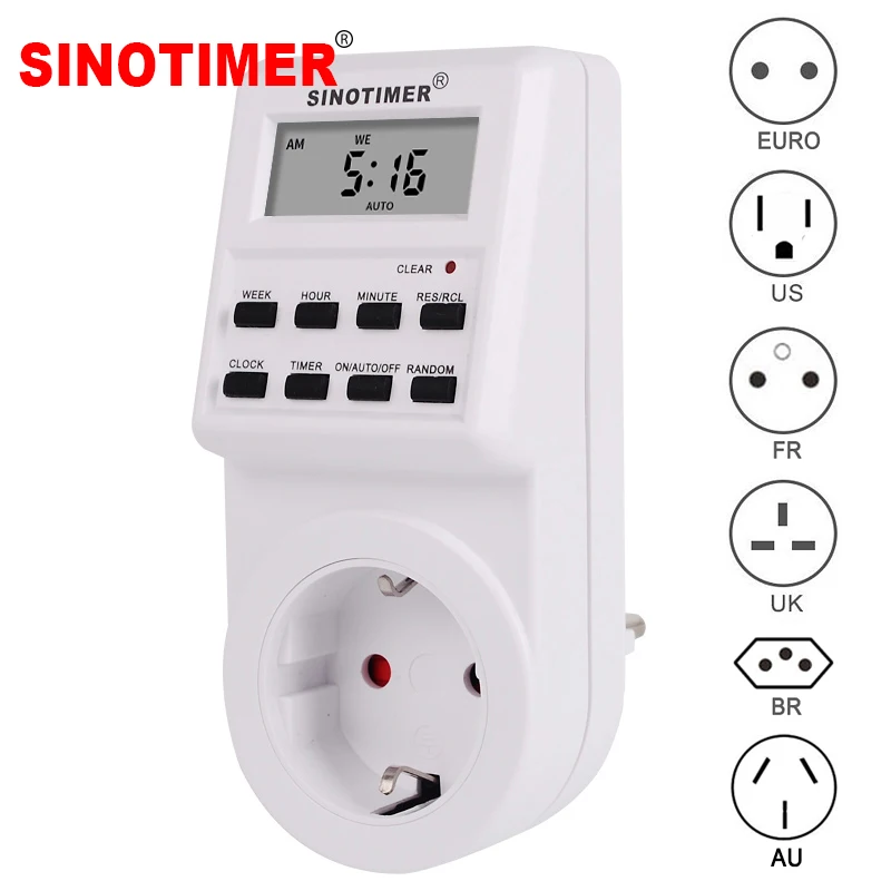 Sinotimer TM516 EU UK US FR BR Plug Digital Weekly Programmable Electrical Wall Plug-in Power Socket Timer Switch Outlet Time Clock 220V 110V AC