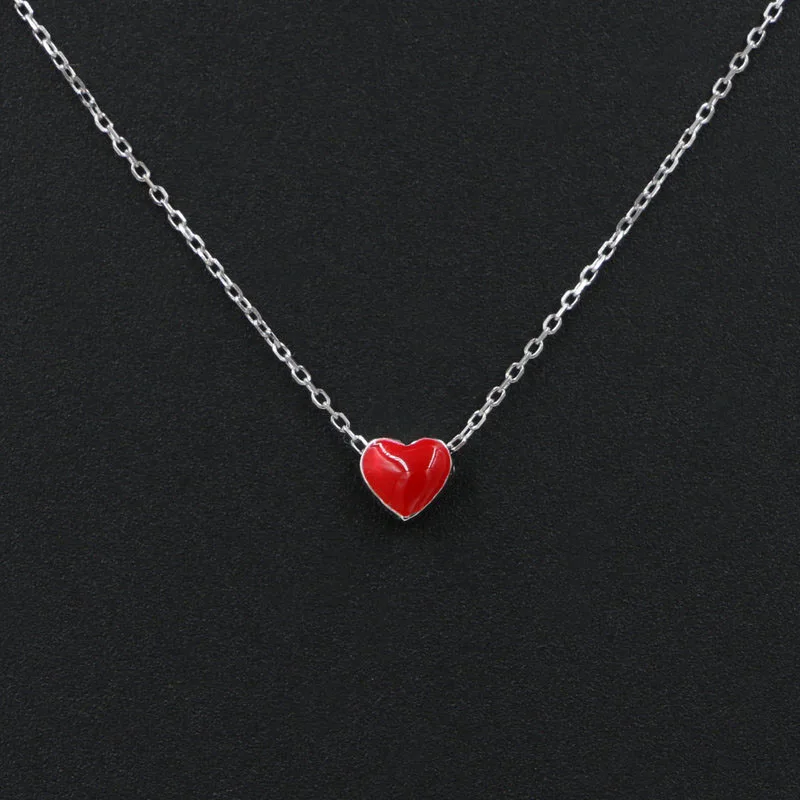 925 Sterling Silver Tiny Red Heart Pendant Chain Necklace 