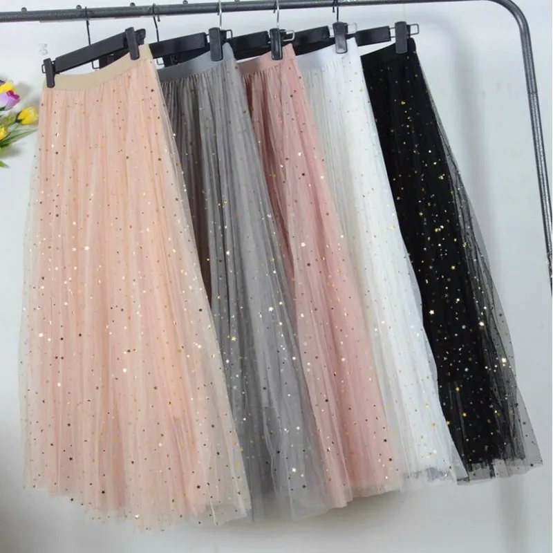 

2019 Women High Waist Lace Pleated Skirts Spring Summer Female Chiffon Tulle Shiny Stars Sweet Pleated Long Skirt Faldas