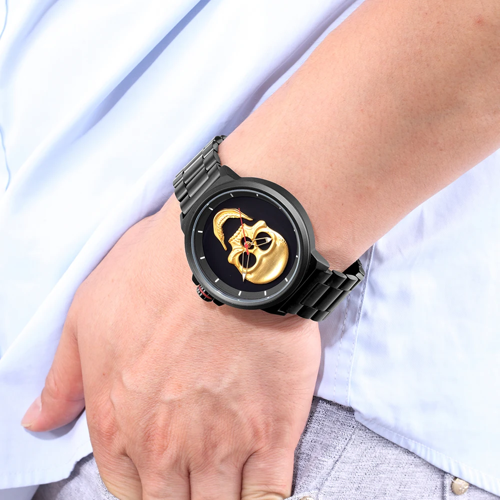 

NEW 2018 Skone 3D Skull Men Watch Brand GIMTO Luxury Steel Quartz Male Watches Waterproof Retro Fashion Gold Black Clock Relogio
