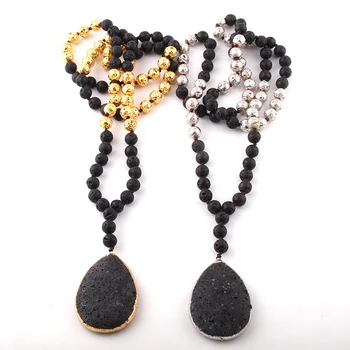 

Fashion Bohemian Tribal Jewelry Lava Stones Knotted Black Lava Pendant Necklace Women Ethnic Necklace