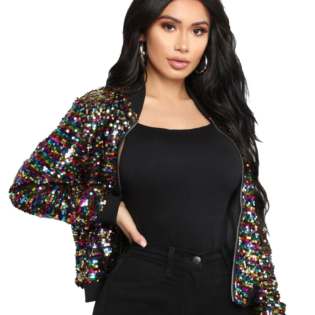 

Stylish jacket women Sequin Long Sleeve short Tops Casual Coat bomber jackets colorful streetwear d90525