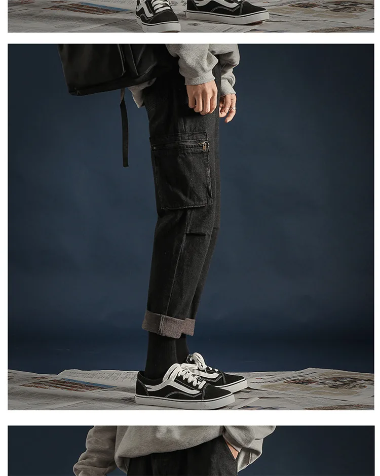 2018 мужской накладной карман стрейчевый облегающий повседневные брюки классические черные/синие свободные джинсы ковбойские байкерские