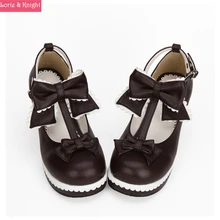 Japanese Sweet Lolita Shoes Brown Leather High Heel Platform Princess Pumps with Bows and White Lace