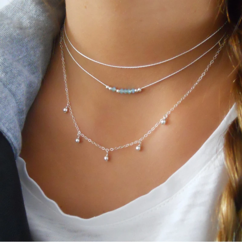 

Silver Choker with Beads, 3 Layered Silver Chain Charms Necklaces, Dainty Beaded Layering Necklace for Women