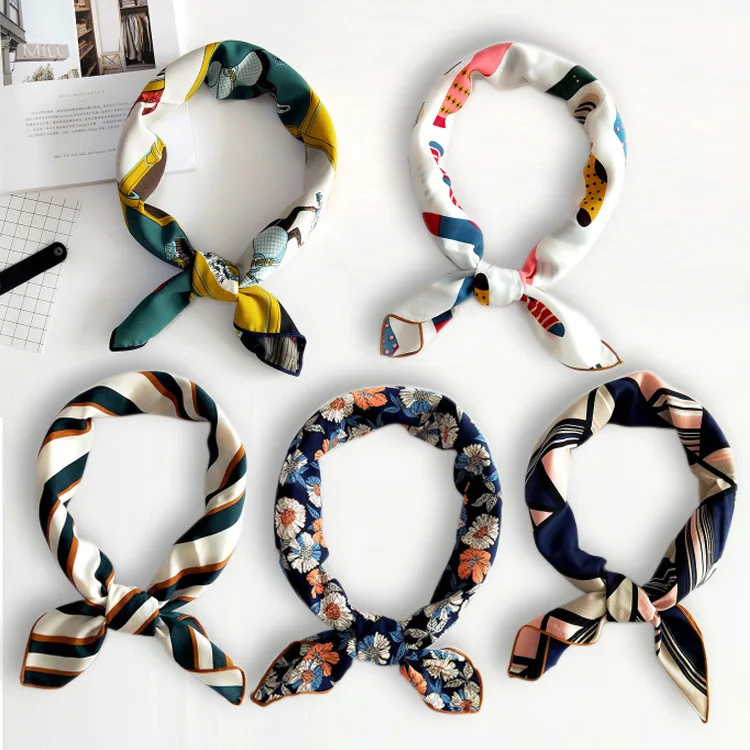 2019 New retro vintage Women Summer spring Elegant Square scarf Silk Satin Scarf 70*70cm printed Head Neck Hair Tie Band