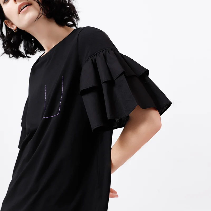 De Juventud, de moda doble manga Camiseta verano sólido cuello redondo negro T camisa las mujeres media manga Camiseta Mujer De Juventud, de moda doble manga Camiseta verano sólido cuello redondo negro T camisa las mujeres media manga Camiseta Mujer