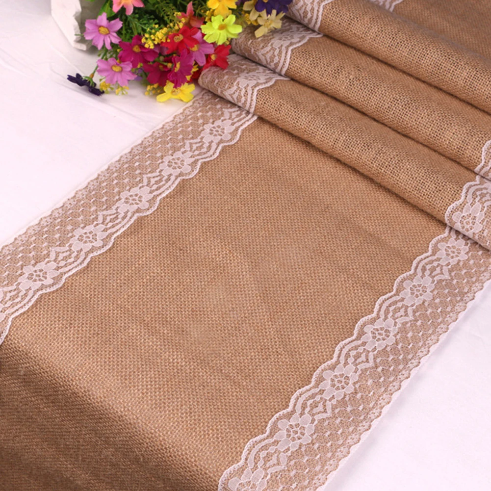 

180x30cm Home Textile Vintage Jute Burlap Lace Table Runner Natural Jute Country Party Banquet Wedding Decoration Top Quality