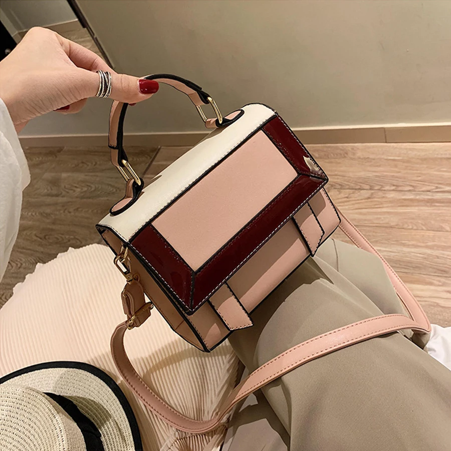 

Fashion Contrast Top-handle Women's Handbags Simple Pu High Quality Leather Shoulder Strap Messenger Bag Lady Clutch Square Bag
