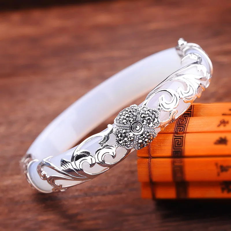 Silver Handmade Natural White Jade Bangles