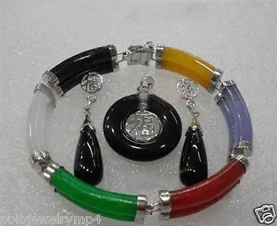 

Hot sell -@>> Jewelry Multicolor Jade Link Bracelet Black Jade Lucky Pendant Necklace Earring set Natural jewe -Top quality fre