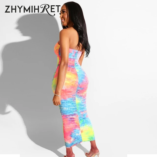 ZHYMIHRET 2021 Summer Neon Green Tube Dress Women Ruched Long Bandage Dress Sexy Strapless Bodycon Tie Dye Party Vestidos 3
