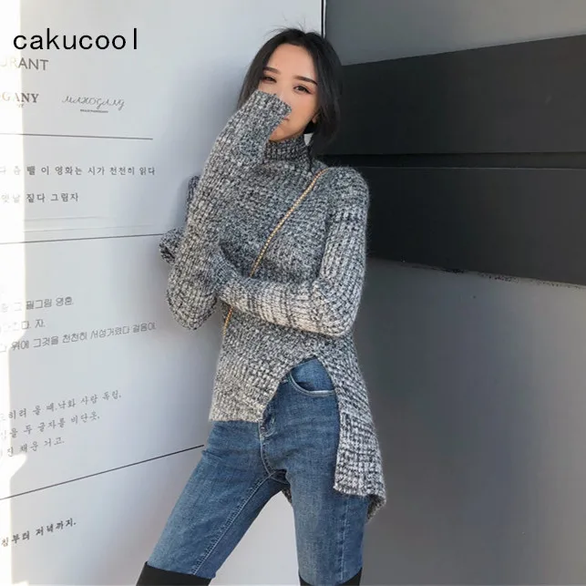 Cakucool серый свитер для женщин Водолазка с длинным рукавом асимметричный дизайн Джемперы тонкий разрез корейский свитер вязаный Pull Hiver Femme
