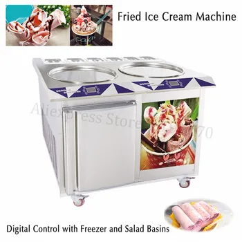 

55cm Double Pans Fried Ice Cream Roll Machine Yogurt Rolled Ice Maker with 6 Pots Digital Control Built-in Freezer