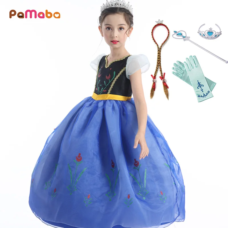 

PaMaBa Evening Party Girls Clothes Anna Princess Dresses Cape Sleeve Cotton Chiffon Patchwork Kid Halloween Anna Cosplay Costume