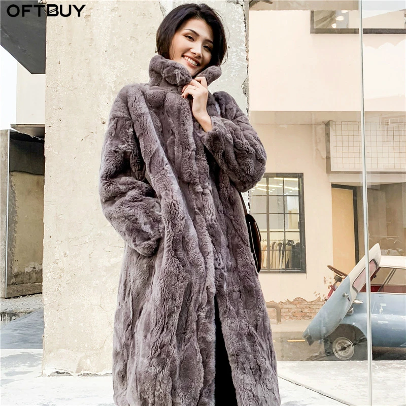 

OFTBUY 2019 Real Fur Coat Winter Jacket Women Natural Rex Rabbit Fur Long Overcoat Stand Collar Streetwear Thick Warm Outerwear
