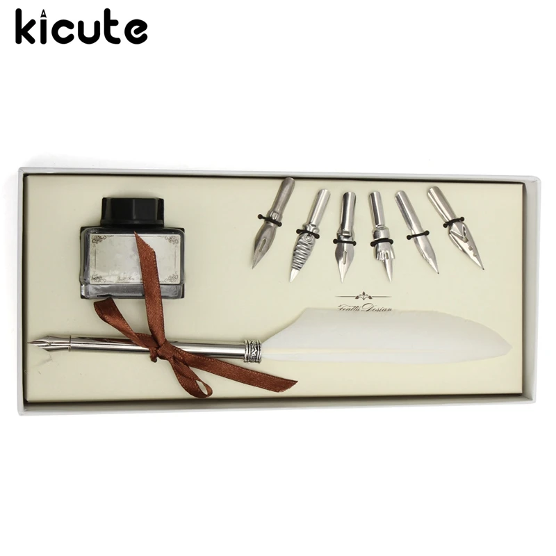 

Kicute Newest Goose Feather Quill Pen Fountain Pens Metal Nibs Dip Writing Black Ink Set For Wedding Gift Stationery Collectable