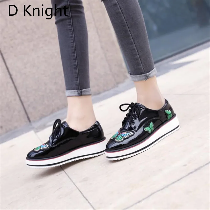 Plus Size 34-43 Women Oxford Brogue Shoes Patent Leather Wedge Heels Platform Shoes Woman Lace-up Oxford Shoes For Women Creeper (9)